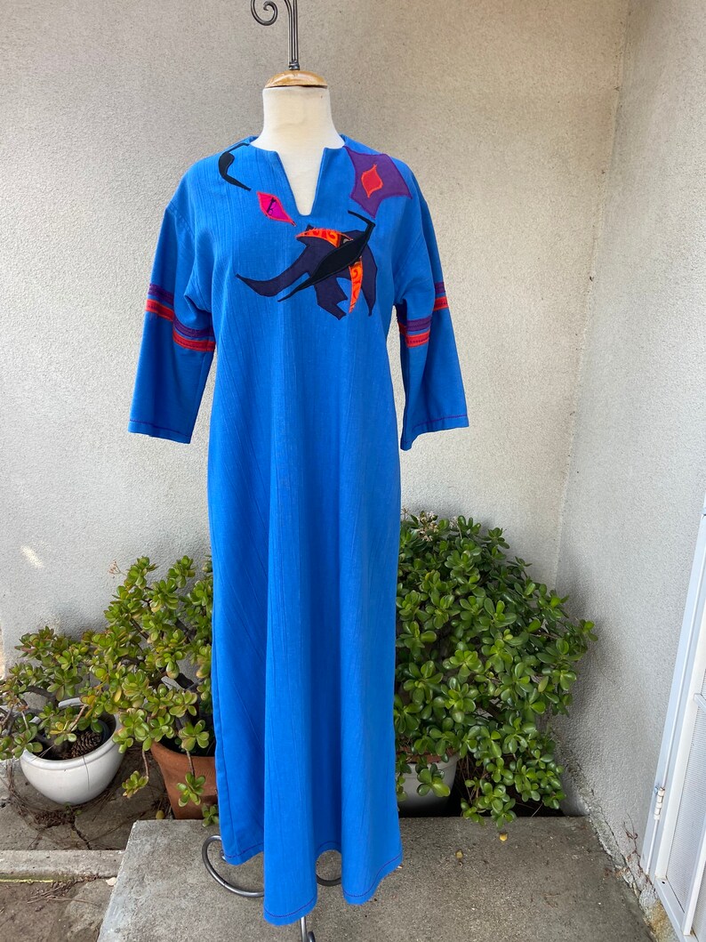 Vintage boho blue kaftan dress with appliqué accents custom made by Kirsten Helweg Large image 9