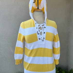 Vintage Ralph Lauren striped yellow white top lace up neckline hood sz S imagem 2