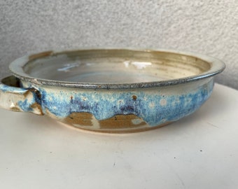 Vintage Studio art pottery platter tray dish blues grey glazed signed 11”x 3”