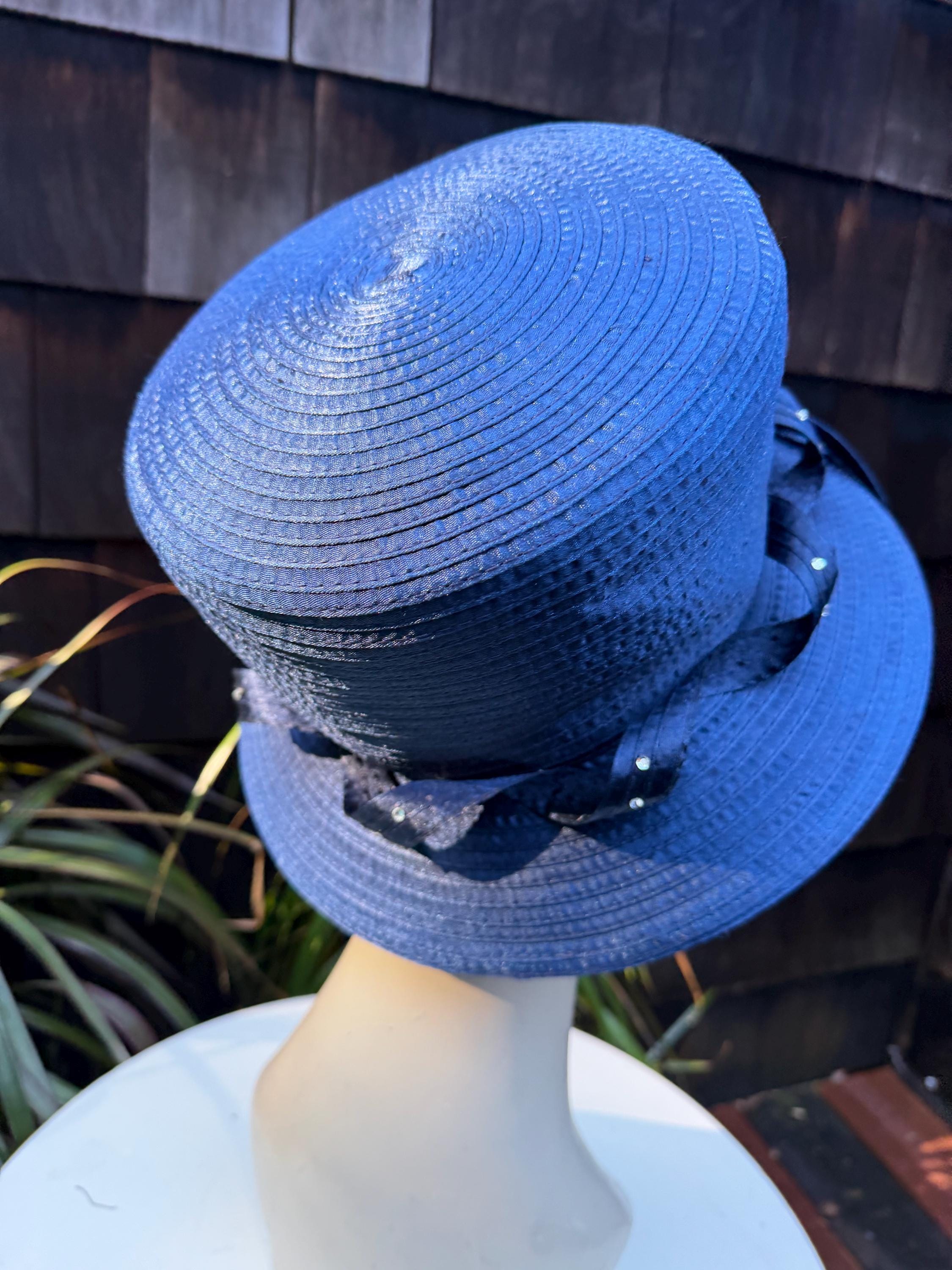 Vintage brim hat champagne cream with rhinestones 22.5 7 1/8 Mr. Song Millinery Vintage Navy Blue Brim Hat, Rhinestone Trim, Mr. Song  main image 2