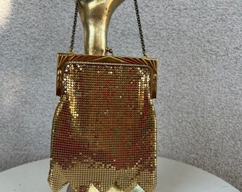 Vintage Mid Century gold mesh bag purse with triangle fringe by Whiting and Davis