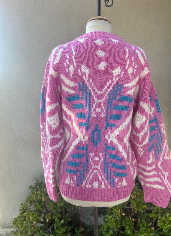Vintage 80s wool knit sweater pink blue white pul… - image 2