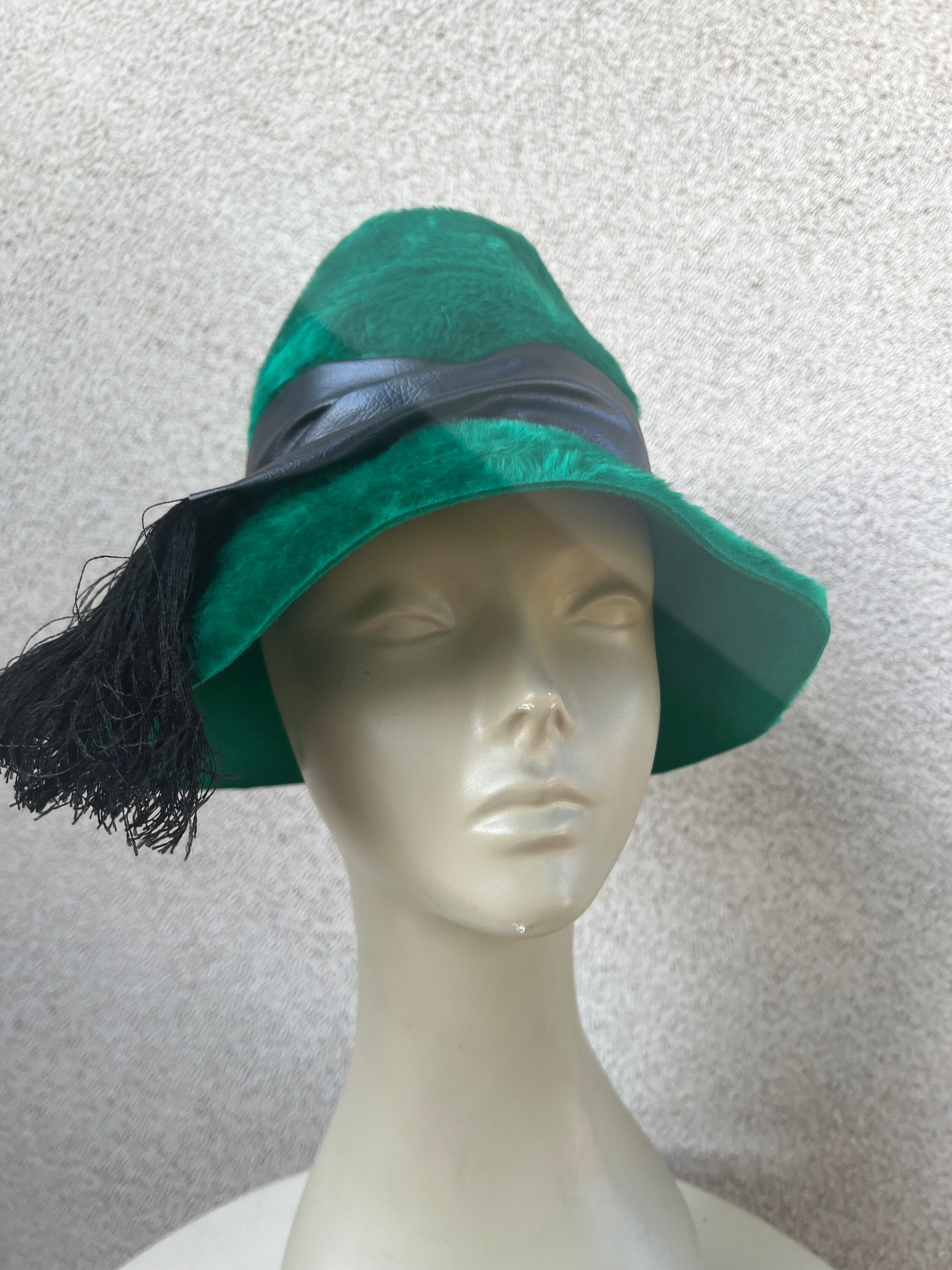 Vintage Forest Green Faux Fur Felt Bucket Hat Size 21.5  display picture 1