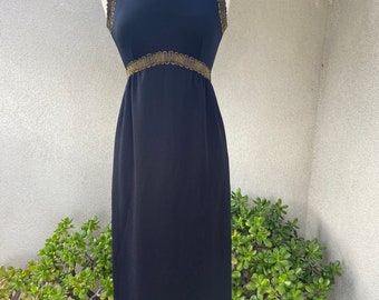 Vintage Leslie Fay Knits maxi dress black polyester with gold braid trim Size XS