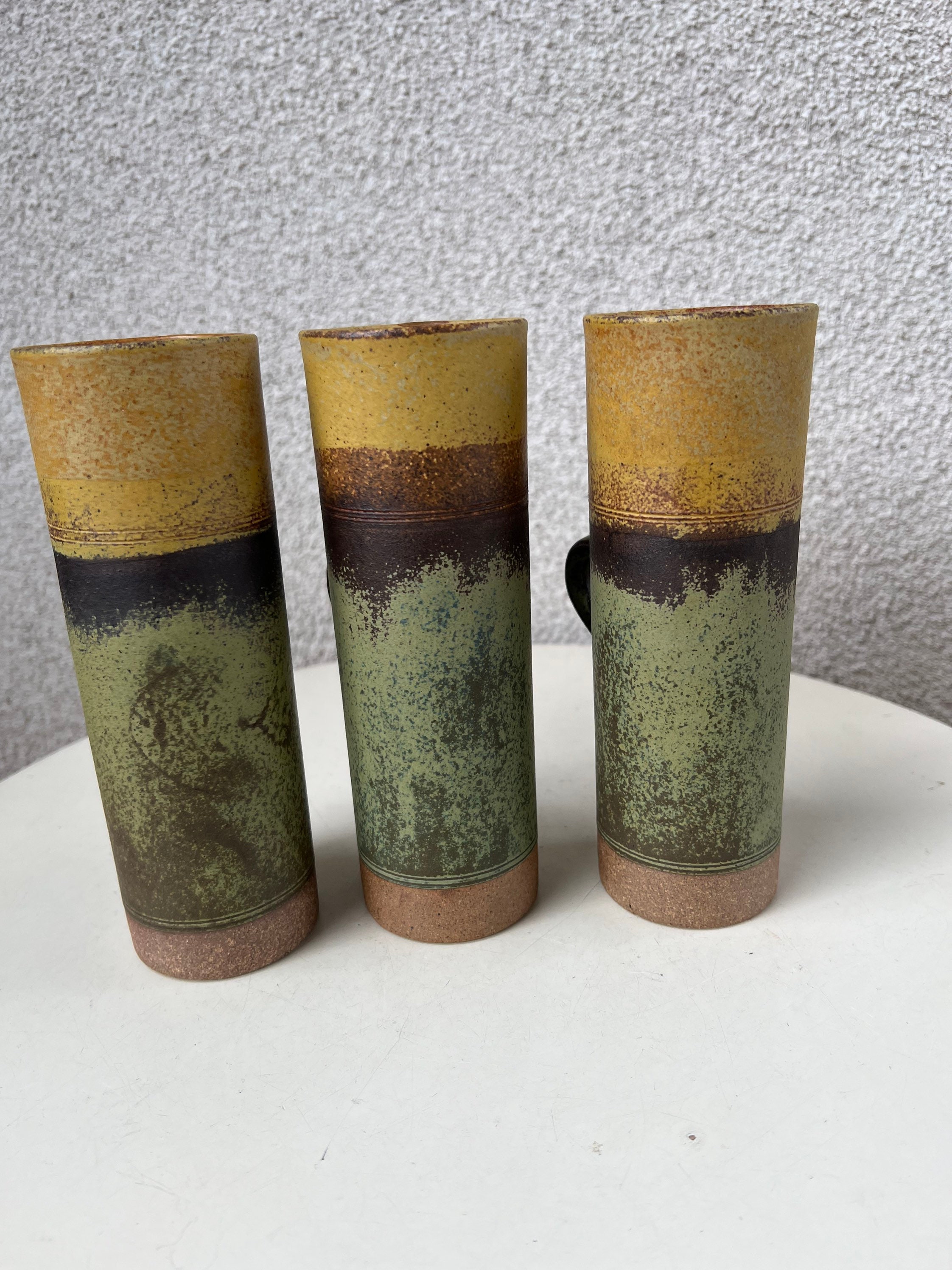 Vintage Robin Welch Pottery Mugs: Set of 3 Tall Multi-color Mugs 