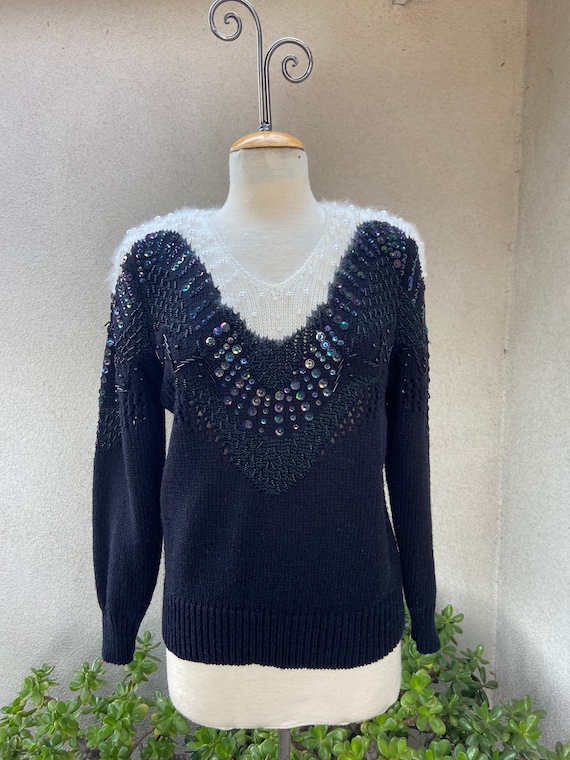 Vintage Christine 80s Classy Sequins Beaded Black White
