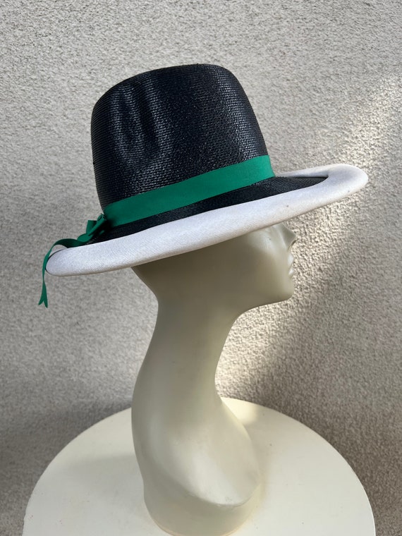 Vintage 1970s sailor brim style Black straw hat wi