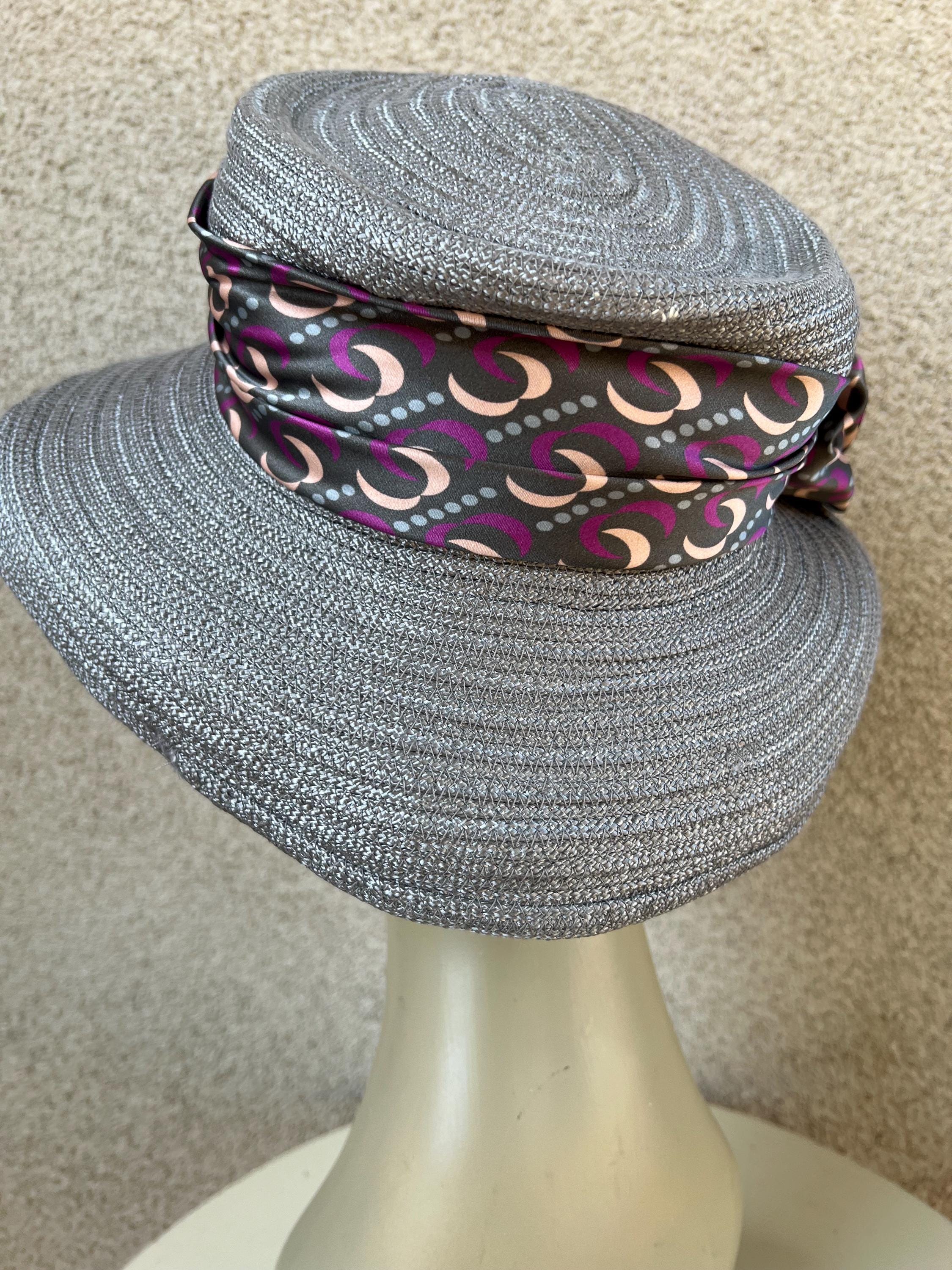 Vintage soft heavy weave fabric grey hat brim boater with multi color silk bow Vintage Grey Boater Hat With Silk Bow - Designer Millinery  main image 3