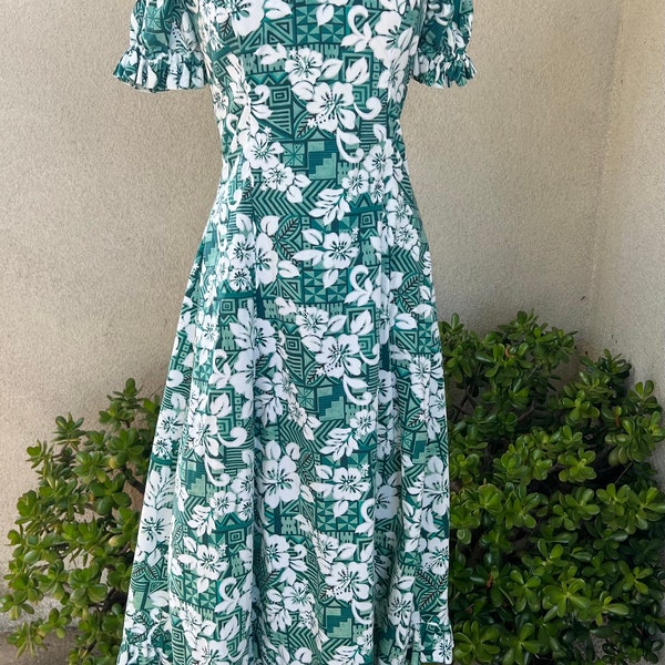 Vintage Hawaiian midi dress ruffles green white hibiscus floral Sz S