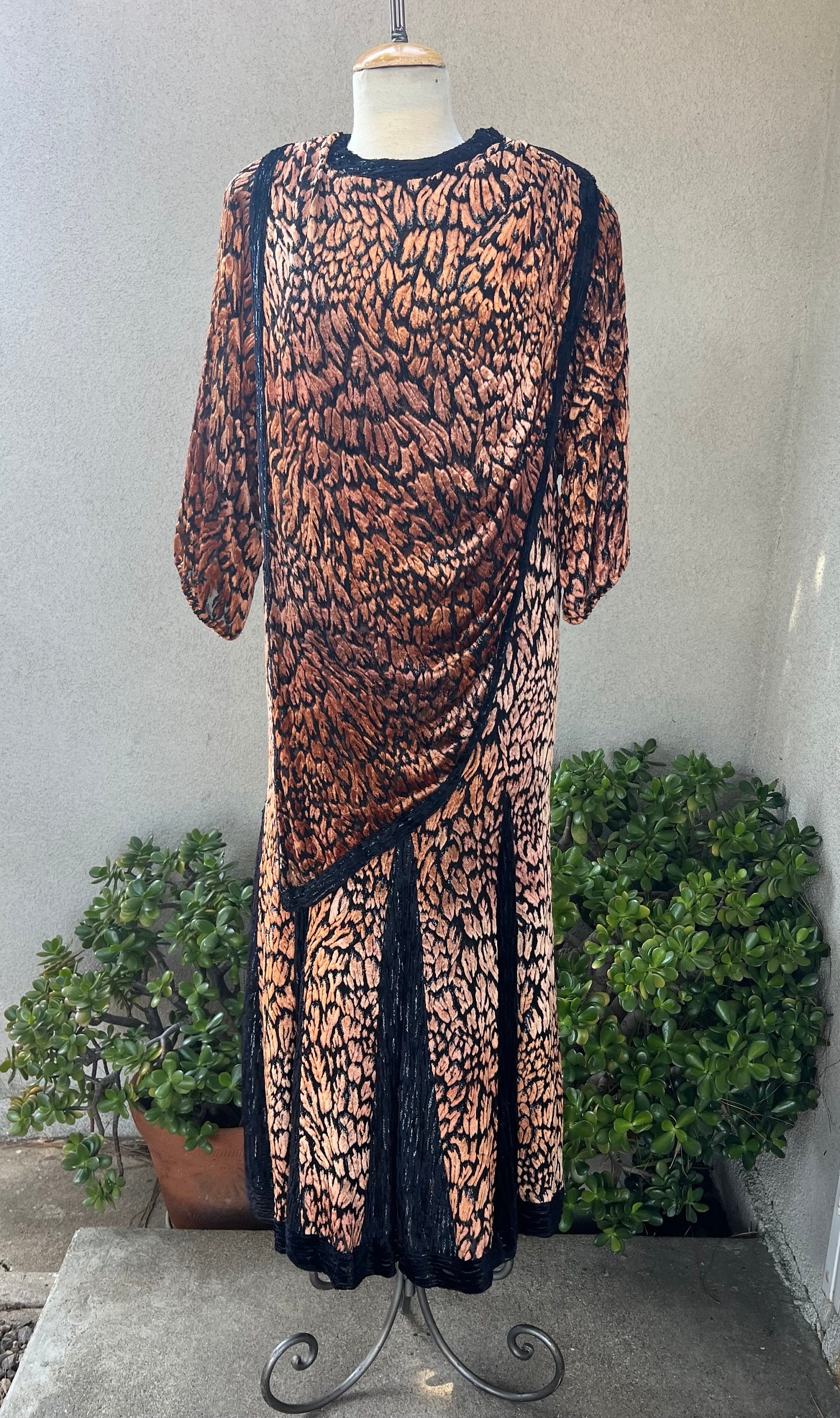 Vintage 80s Glam Dress Silk Velvet Brown Black Animal Print