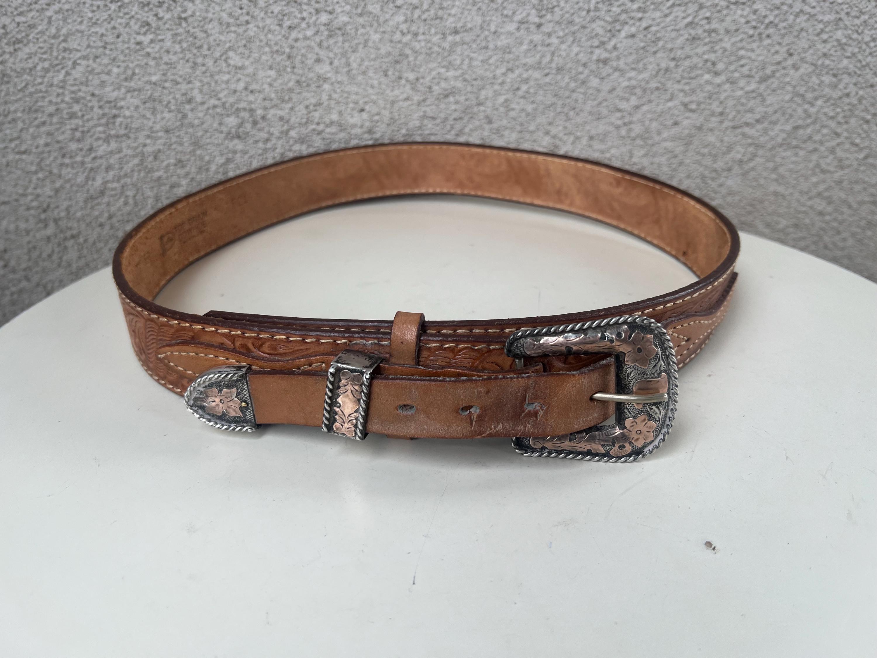 Vintage MM Rogers Sterling Silver Brown Leather Belt with Coral Stones 27 in Item #953W- Vintage 13pc Navajo Coral Rectangle Stamped  main image 4