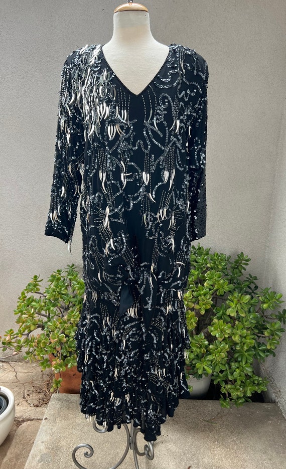 Vintage Olga Cassini glam black sequins silver bea