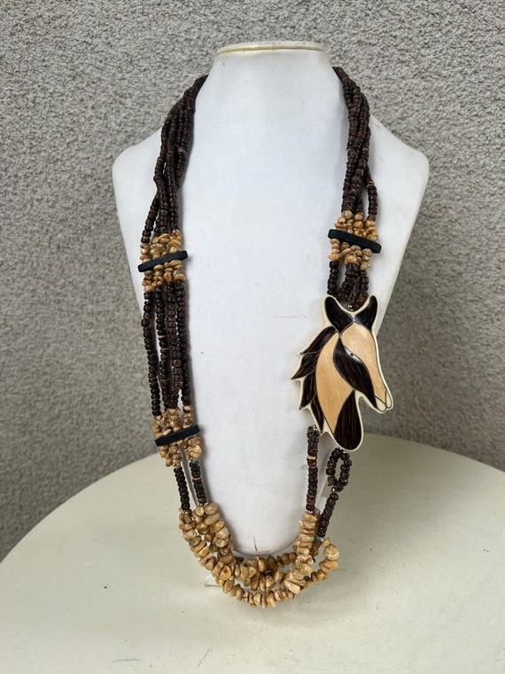 Vintage boho wood & stones beaded necklace acrylic