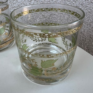 Vintage MCM Culver rock tumbler glasses set 6 grapevine leaves green & blue gold rims barware image 8