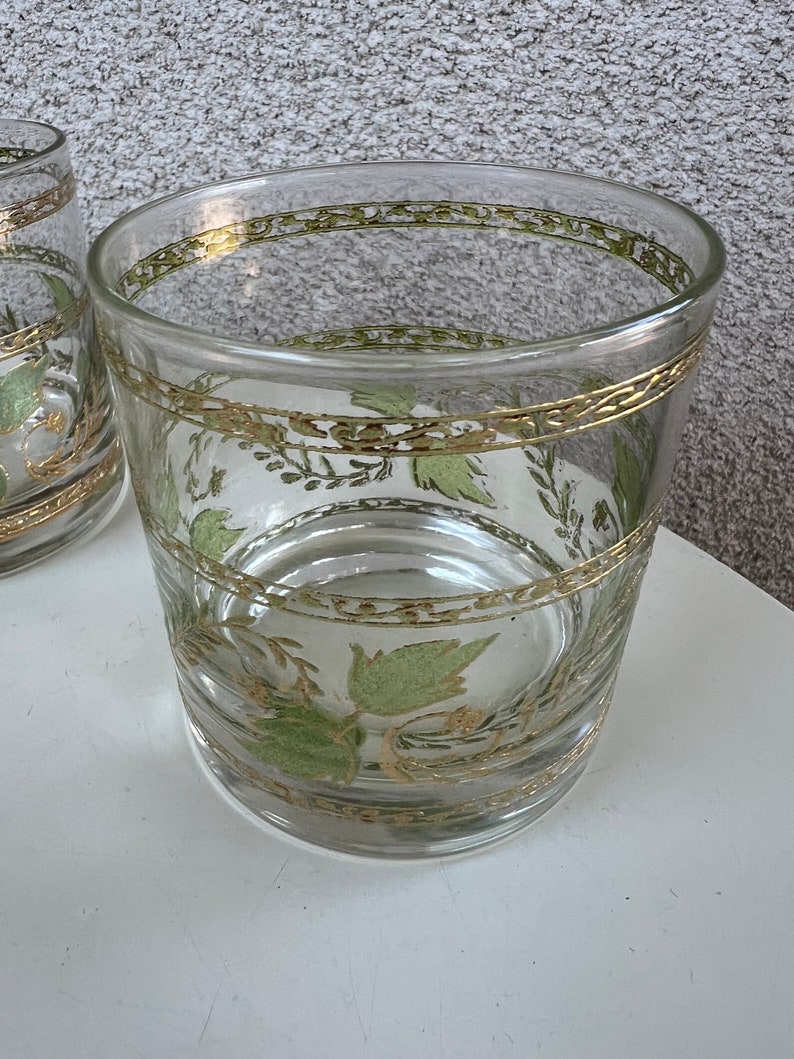 Vintage MCM Culver rock tumbler glasses set 6 grapevine leaves green & blue gold rims barware image 8