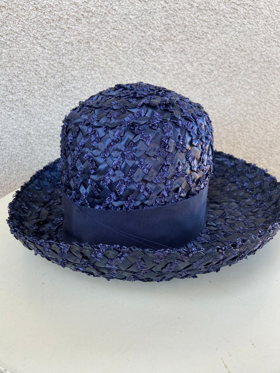 Vintage 70s boater brim navy blue straw cello hat… - image 6