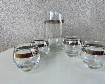 Vintage MCM petite barware pitcher set by Libbey clear glass with silver band pitcher 4 glasses