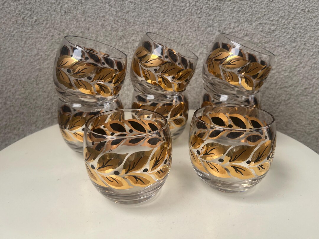 Vintage MCM Roly Poly Glasses Set 8 Federal Golden Laurel Leaf - Etsy