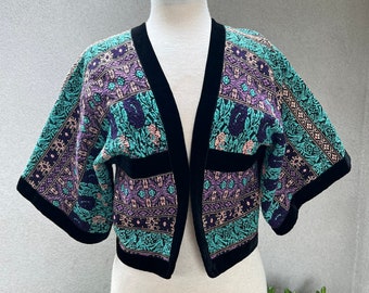 Vintage bohemian bolero jacket Guatemalan woven fabric velvet trim XS