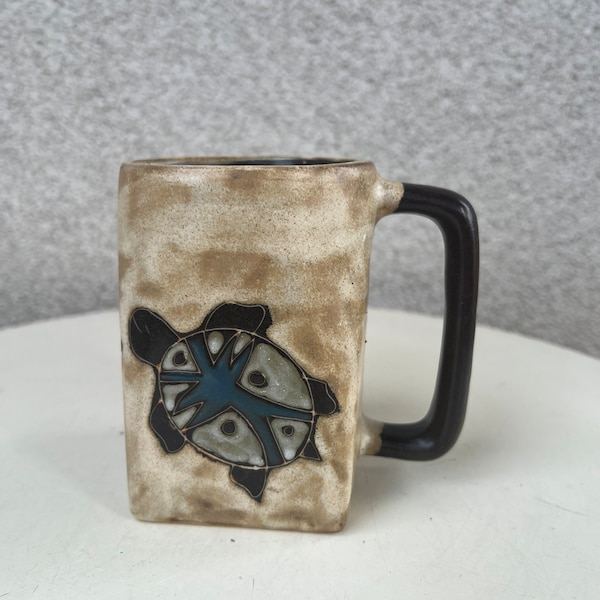 Vintage Mara Design made in Mexico coffee square mug turtle theme earth tones colors holds 10 ozs