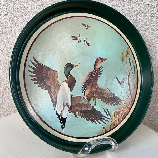 SALE Vintage Mallards Ducks in Flight metal serving tray by Avon size 12” x 1.5”