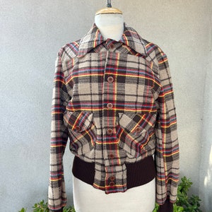 Vintage mod Mens bomber jacket knobby plaid browns fully lined Sz 40 Medium Unisex image 1