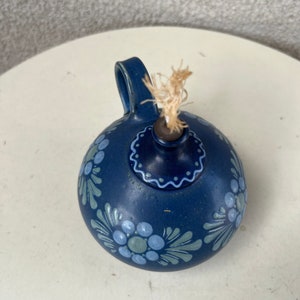 Vintage cottage chic blue green floral Mini pottery oil lamp signed image 5