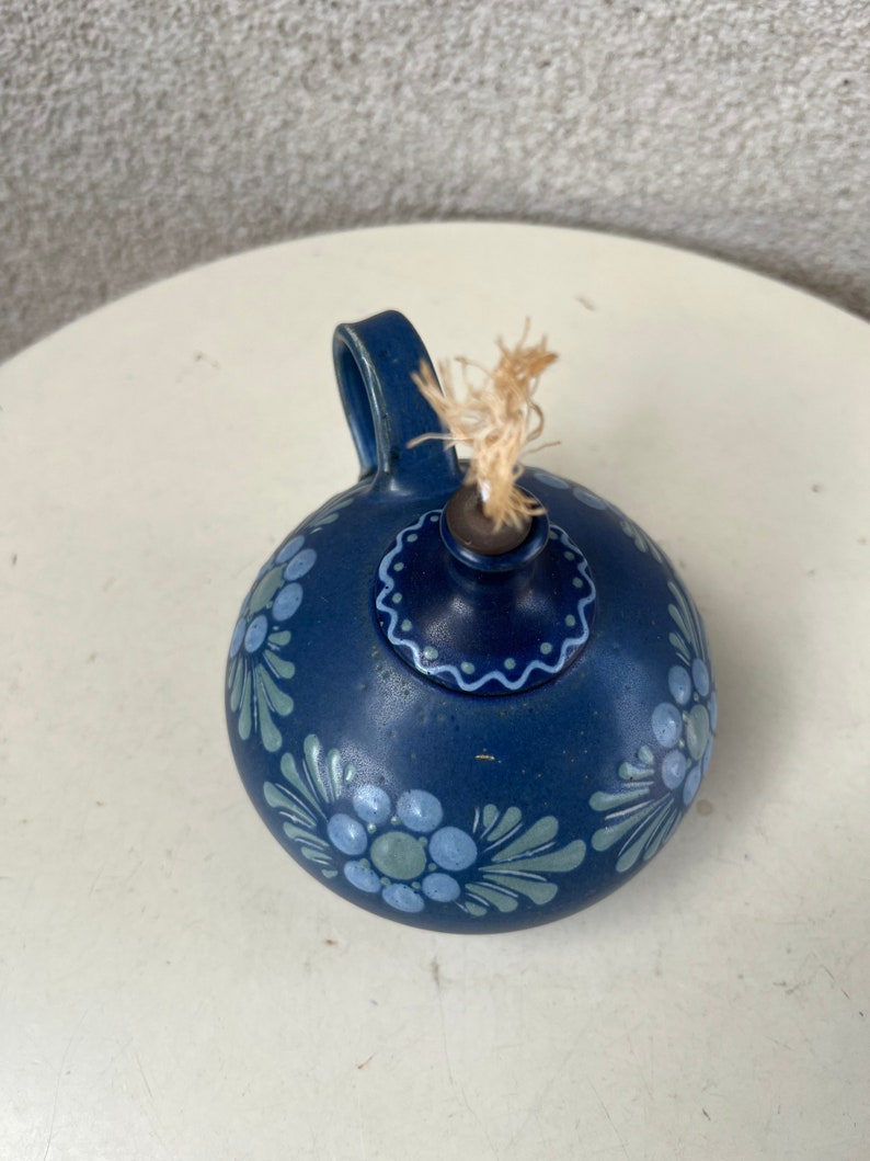 Vintage cottage chic blue green floral Mini pottery oil lamp signed image 5