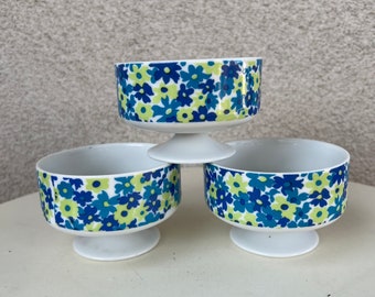 Vintage modern white ceramic small bowls pedestal green blue floral set of 3