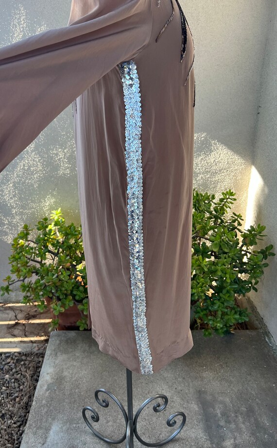 Vintage silk sequins sheath dress taupe silver bl… - image 4