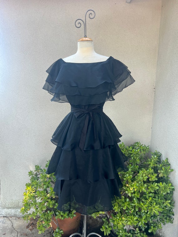 sachin and babi light blue dress Vintage Black Chiffon Dress Midi Tiered Ruffles Sz 8 Small by Jill Richards