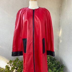 Vintage 80s color block red black soft leather swing coat lined zipper pockets front Sz M by Helen Frushtick Furs Atlanta image 1