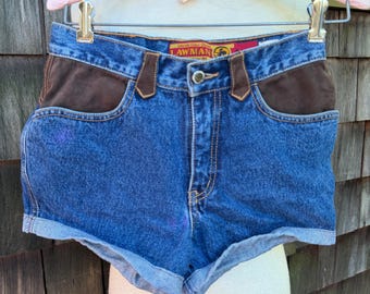Vintage Lawman Western shorts blue jean brown faux suede pockets Sz 3 XS.