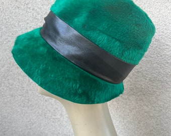 Vintage Forest Green Faux Fur Felt Bucket Hat Size 21.5  display picture 2