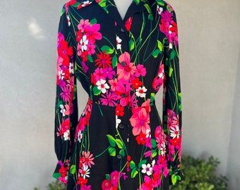 Vintage groovy mini dress neon floral S/M custom made