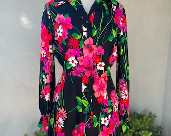 Vintage groovy mini dress neon floral S/M custom made