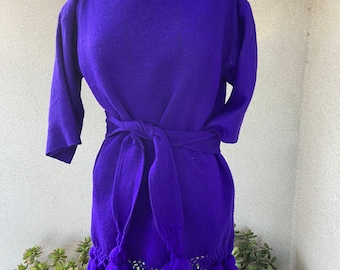 Vintage boho Mexican woven cotton purple tunic or mini dress tassels with belt size sz medium