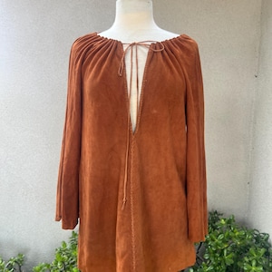 Vintage boho suede leather brown mini dress or tunic top handmade sz S/M.