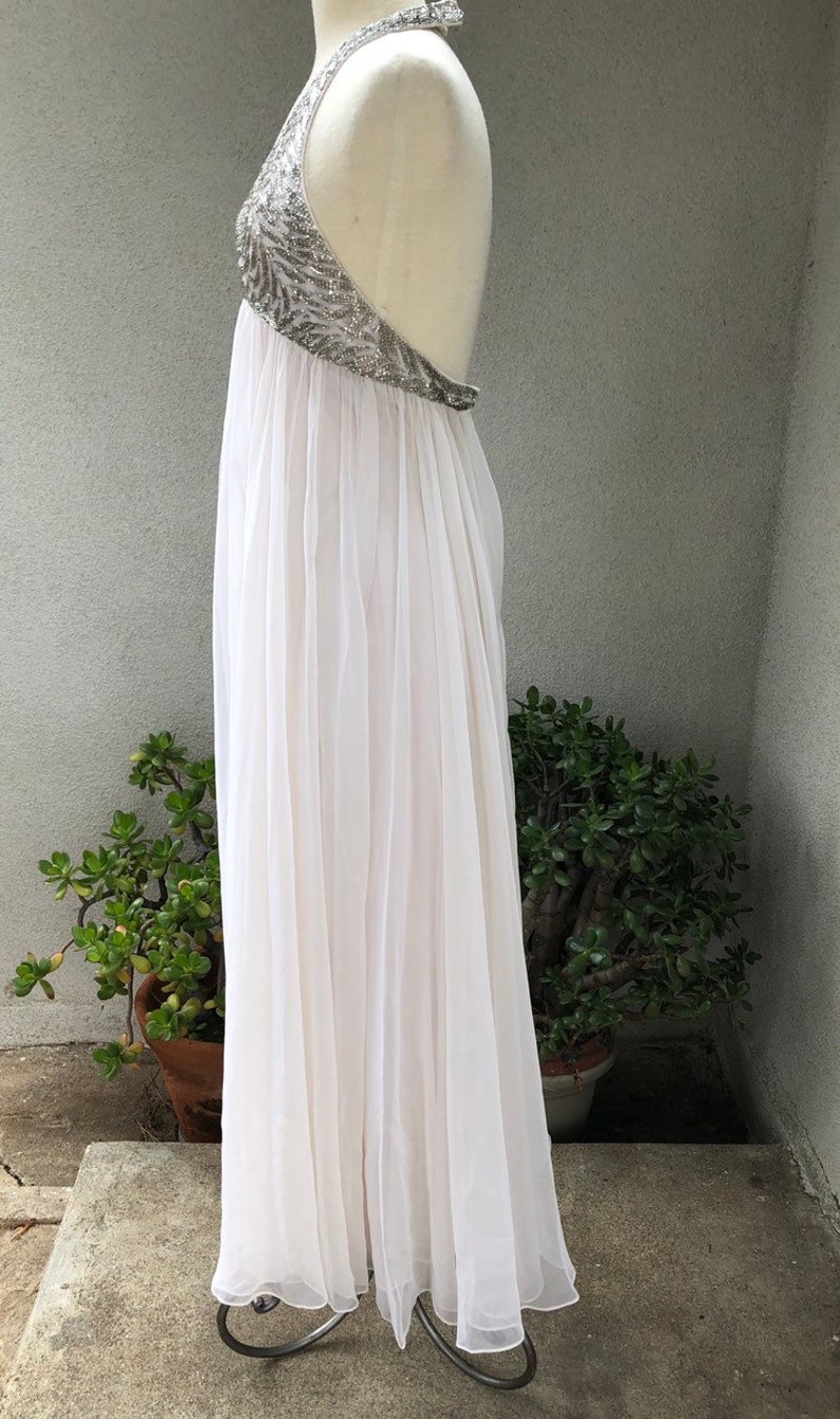 Vintage elegant halter maxi gown ivory chiffon sliver beaded bodice Sz XS Victoria Royal Ltd of Hong Kong China image 7