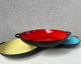 Vintage set of 3 sauté serving pans enamelware cookware yellow red blue