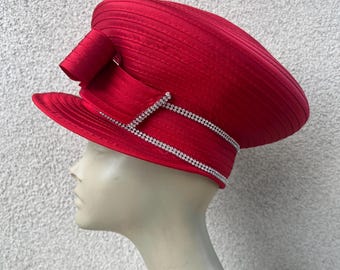 Vintage Pierra Millinery Red Bucket Hat: Rhinestone Bow Trim  display picture 2