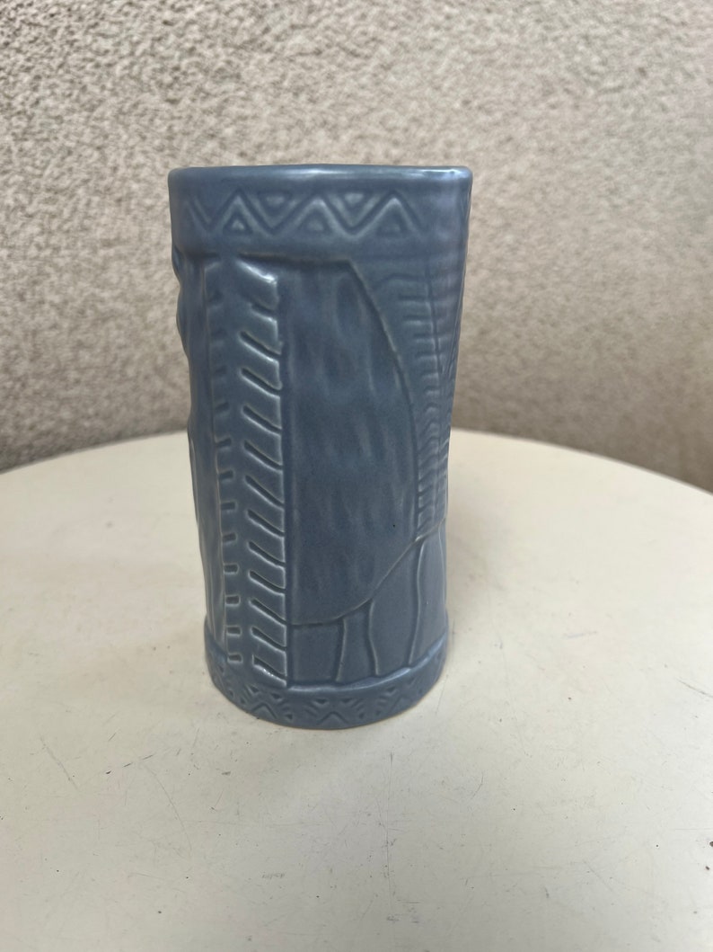 Vintage tall glossy grey blue tiki mug pottery ceramic by KC Co Ltd 2000 image 3