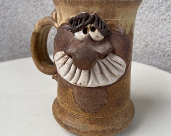 Vintage stoneware studio art brown pottery mug kitsch 3D face Mustache man theme holds 14 oz.