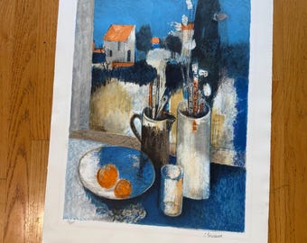 Vintage Litho Print Still Life Valenciennes Pierre Bisiaux Signed Numbered. Size 25.5” x 20”