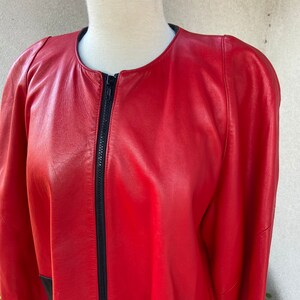 Vintage 80s color block red black soft leather swing coat lined zipper pockets front Sz M by Helen Frushtick Furs Atlanta image 6