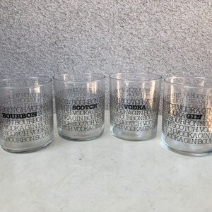 Vintage kitsch barware clear old fashions glasses set 4 black letters imprint Scotch Bourbon Gin Vodka by HBBZ Holds 10 oz image 2