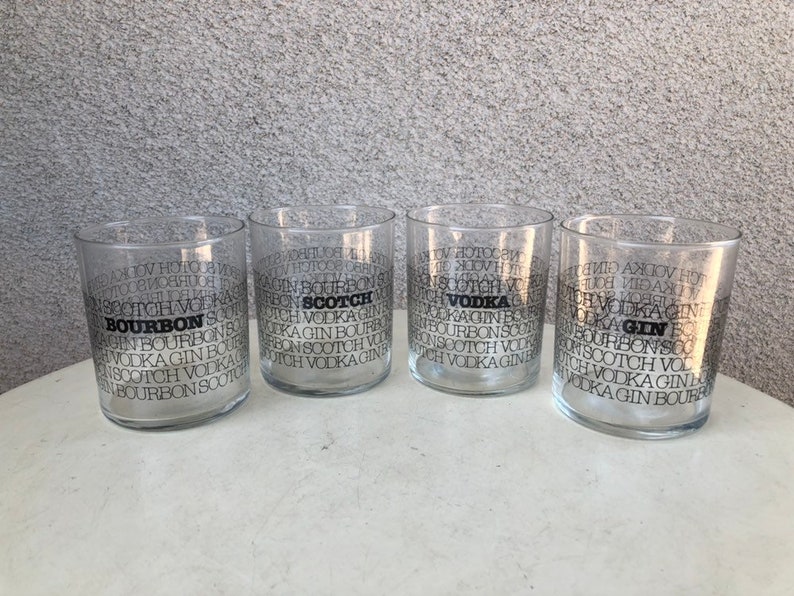 Vintage kitsch barware clear old fashions glasses set 4 black letters imprint Scotch Bourbon Gin Vodka by HBBZ Holds 10 oz image 2