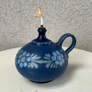 Vintage cottage chic blue green floral Mini pottery oil lamp signed image 4