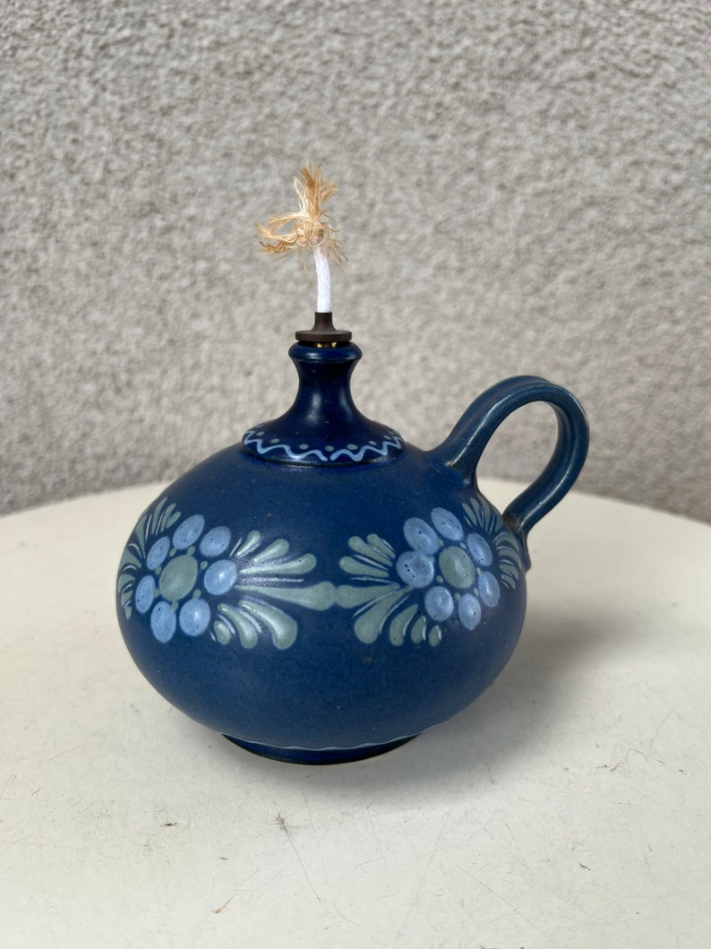 Vintage cottage chic blue green floral Mini pottery oil lamp signed image 4