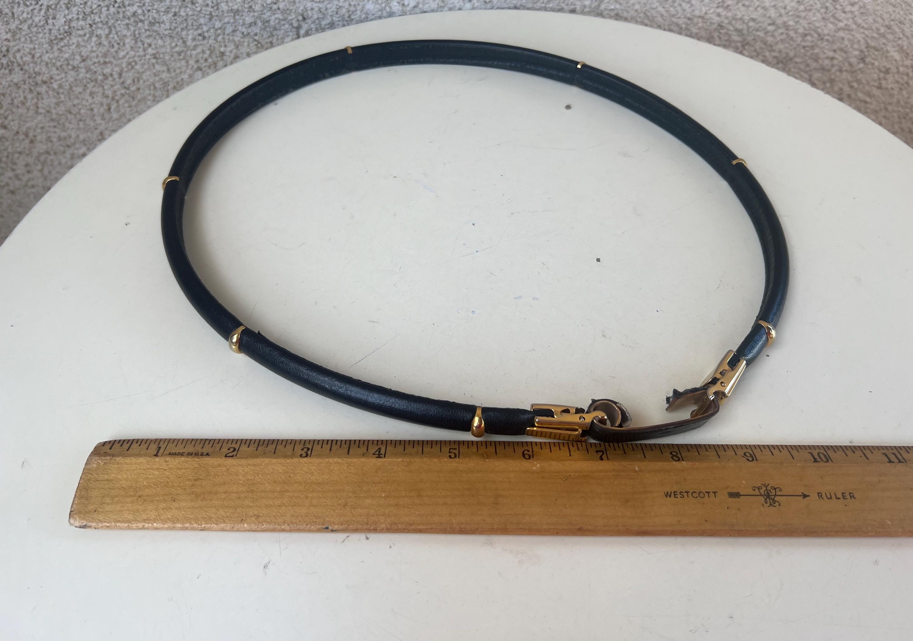 Vintage 80s Black Leather Skinny Belt: Gold Tone Accents  display picture 1